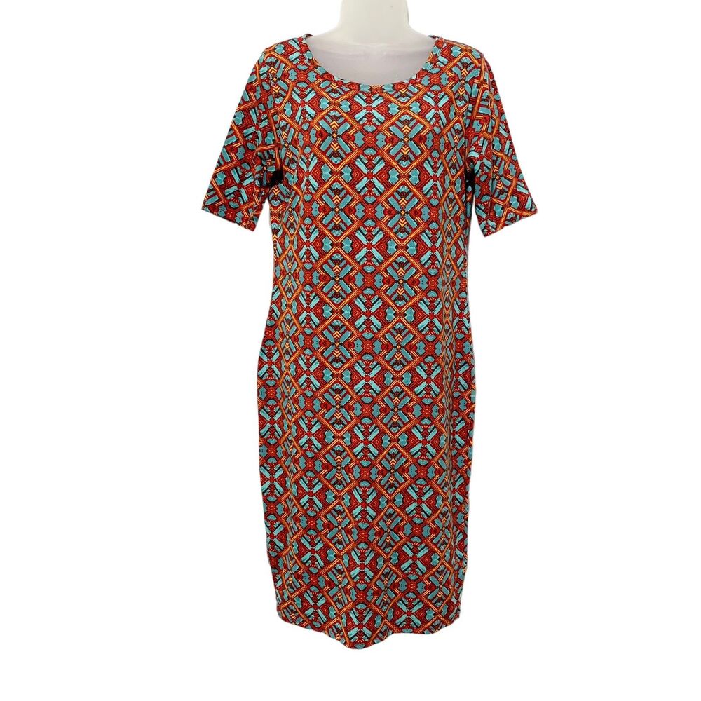 LuLaRoe Julia Dress Red Red Green Geometric Short Sleeve Boho Artsy M